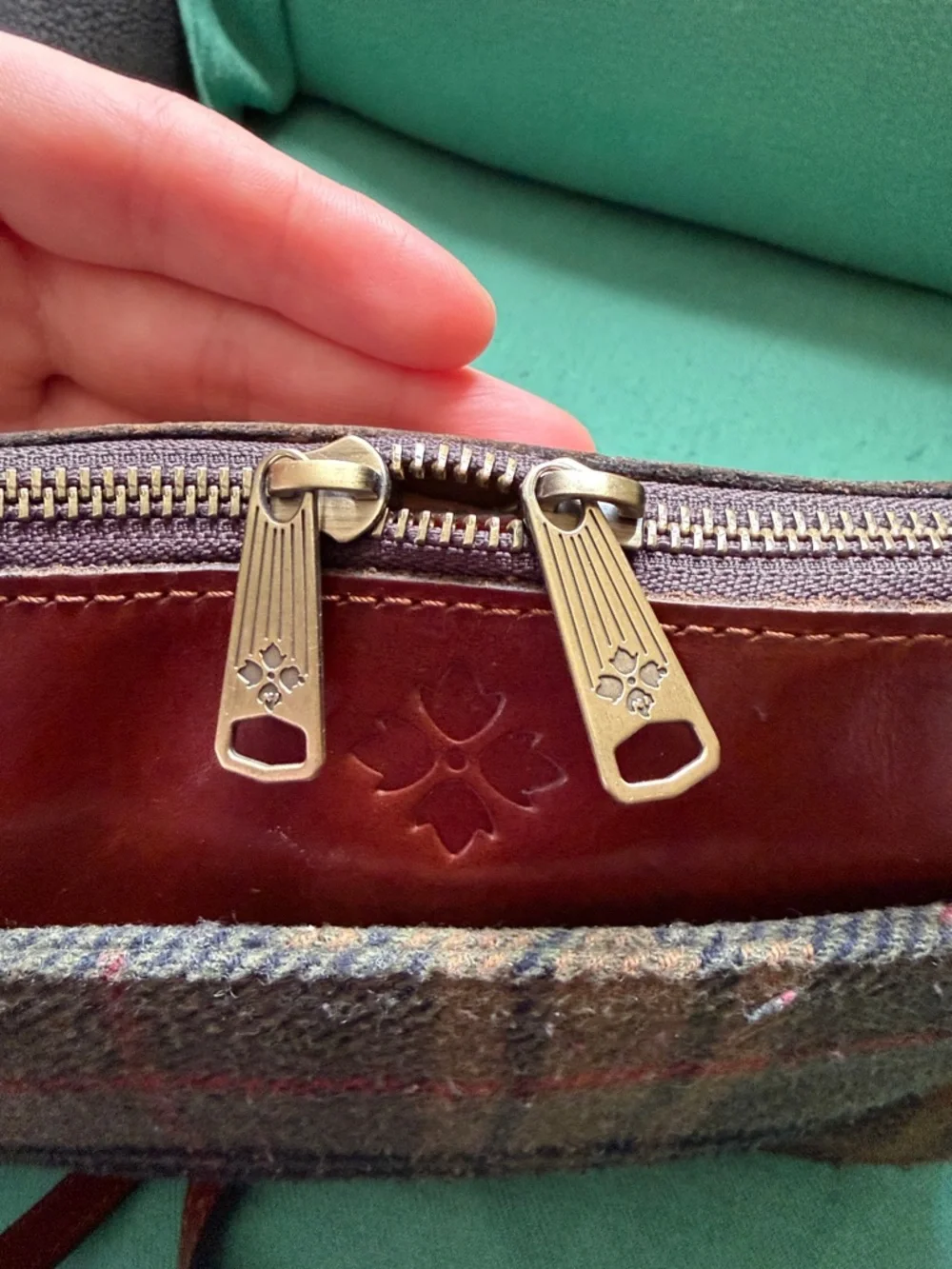 Patricia Nash Brown Plaid Wool & Chestnut Leather Messenger Bag